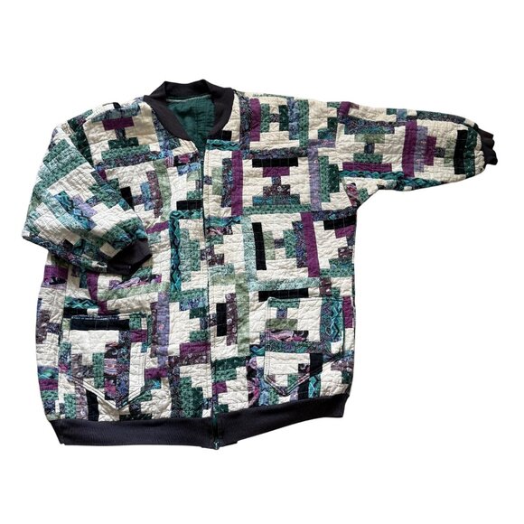 Vintage Quilted Patchwork Bomber Jacket With Zipper & Pockets